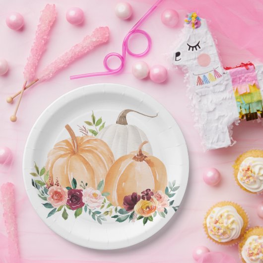 Waterverf Herfst Pompoenen en Boho Flowers Papieren Bordje (Feest)