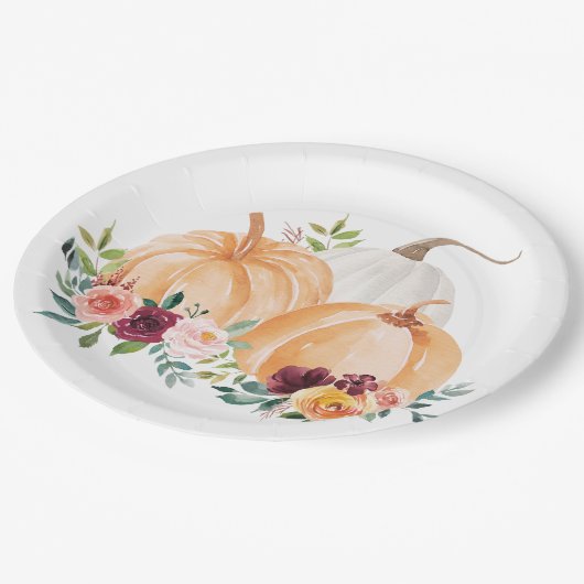 Waterverf Herfst Pompoenen en Boho Flowers Papieren Bordje (Gekanteld)