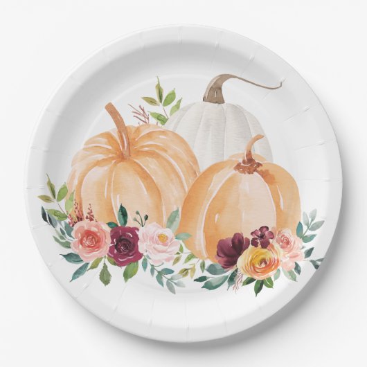 Waterverf Herfst Pompoenen en Boho Flowers Papieren Bordje (Voorkant)
