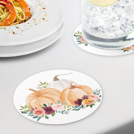 Waterverf Herfst Pompoenen en Boho Flowers Ronde Kartonnen Onderzetter