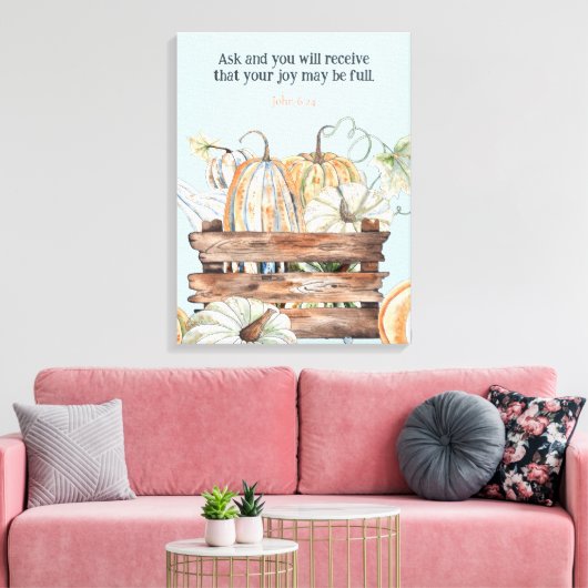 Waterverf Herfst pompoenen met vreugdebijbelvers Canvas Afdruk (Insitu (Woonkamer))