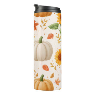 Waterverf Herfst Pompoenen & Zonnebloemen Patroon Thermosbeker