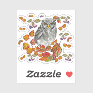 Waterverf herfst prachtige uil en blaadknop sq sticker