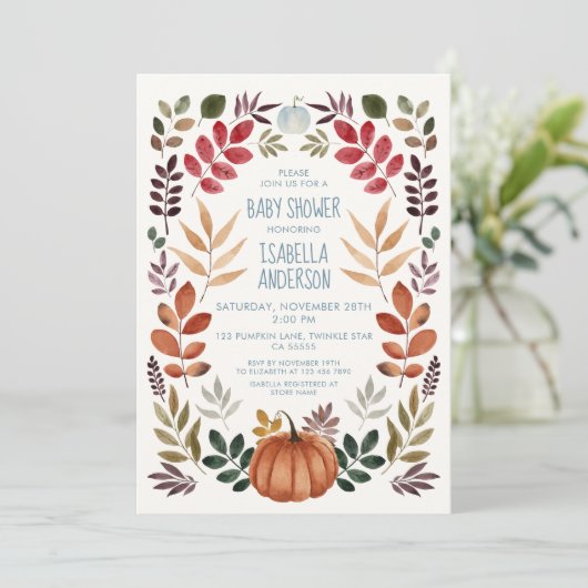 Waterverf Herfst Pumpkin Boy Baby shower Uitnodigi Kaart (Staand voorkant)