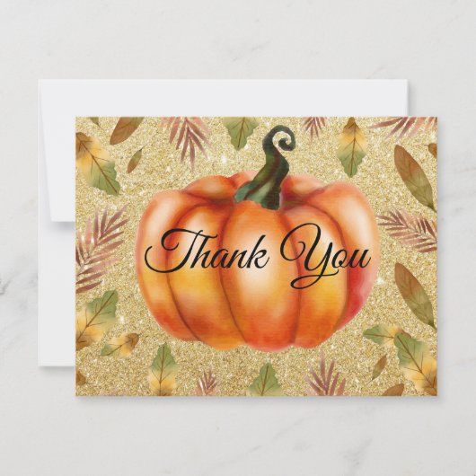 Waterverf Herfst Pumpkin Gold Glitter Sinaasappel Bedankkaart (Voorkant)