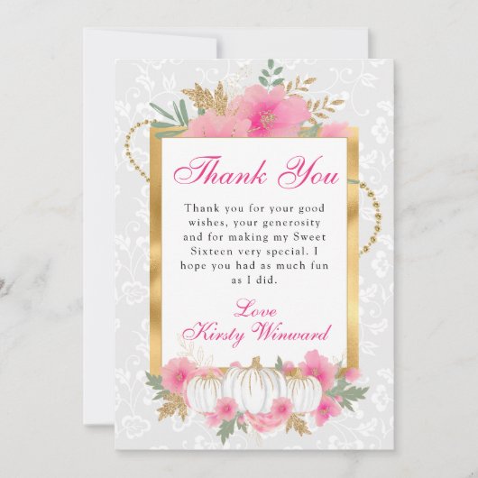 Waterverf Herfst Roze Goud Bloemen Pompoen Sweet 1 Bedankkaart (Voorkant)