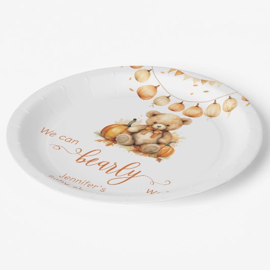 Waterverf Herfst Teddy Bear Pumpkin baby shower Papieren Bordje (Gekanteld)