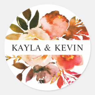 Waterverf Herfst Verbrandt Oranje Floral Wedding Ronde Sticker