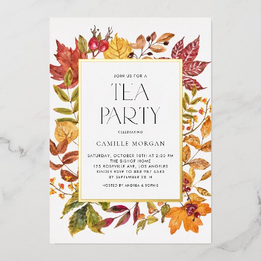 Waterverf herfst verlaat Lijst bruids thee party Folie Uitnodiging (Voorkant)