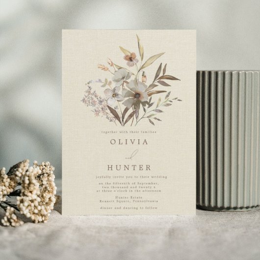 Waterverf Herfst Wildbloemen Faux Linen Wedding Kaart