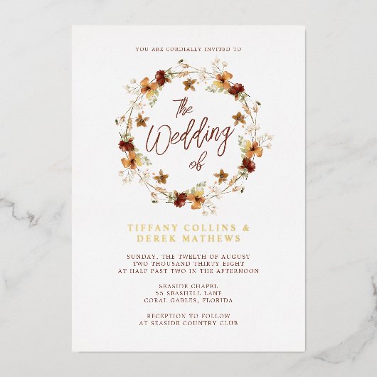 Waterverf Herfst Wildflower Bruiloft Goud Folie Uitnodiging (Voorkant)