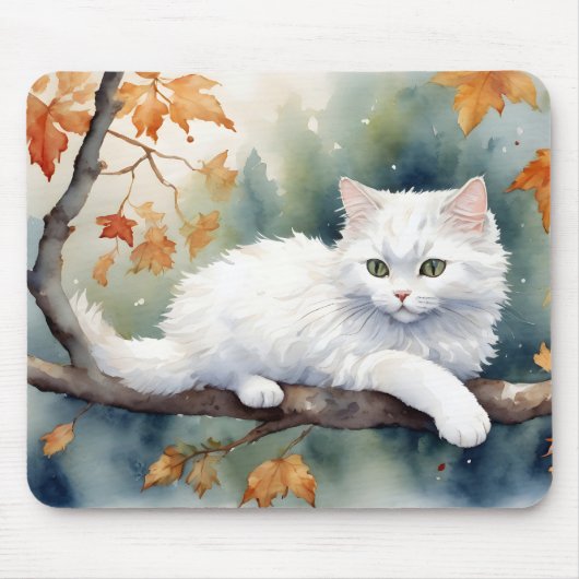 Waterverf herfst witte kat muismat (Voorkant)