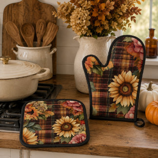 Waterverf Herfst Zonnebloemen & Bloemen Plaid Ovenwant & Pannenlap Set