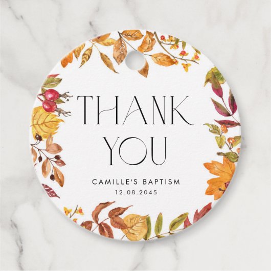 Waterverf herfstbladeren kransdoop Dank u Bedankjes Labels (Voorkant)