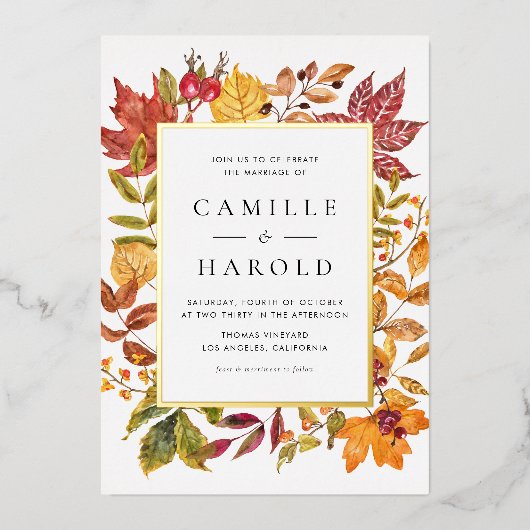 Waterverf herfstbladeren Lijst herfstbruiloft Folie Uitnodiging (Voorkant)