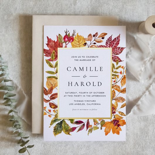 Waterverf herfstbladeren Lijst herfstbruiloft Folie Uitnodiging