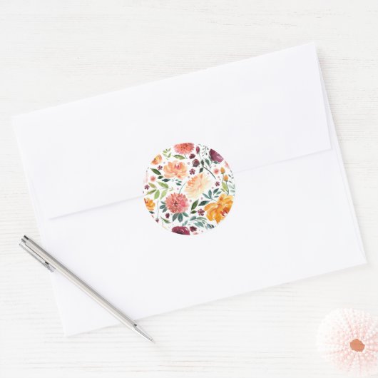 Waterverf Herfstbloei Bloemenpatroon Ronde Sticker (Envelop)