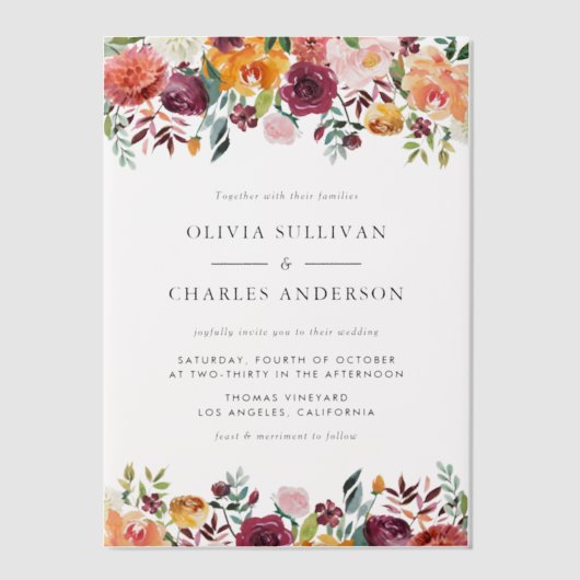 Waterverf Herfstbloei Botanische Herfstbruiloft Vellum Uitnodigingen (Voorkant)