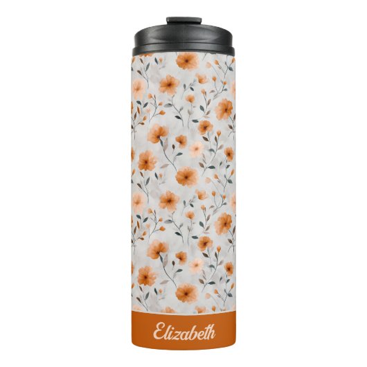 Waterverf Herfstbloemen Aangepaste naam Bloemen Thermosbeker (Voorkant)