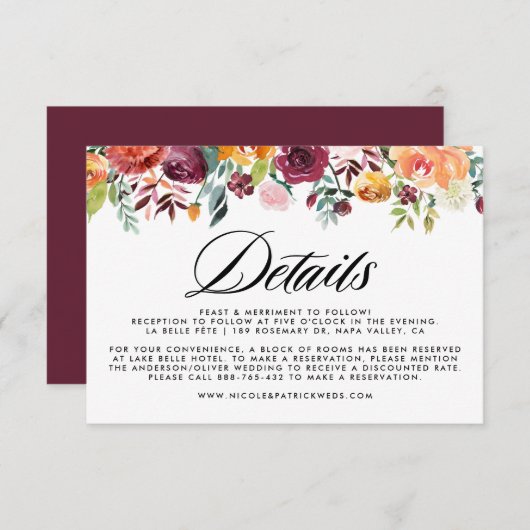 Waterverf Herfstbloemen Bloemen Bloemen Huwelijksd Informatiekaartje (Voorkant / Achterkant)