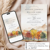 Waterverf Herfstbomen Berg Herfst Boho Bruiloft Kaart