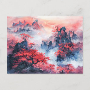 Waterverf Herfstgebergte bij zonsondergang Briefkaart