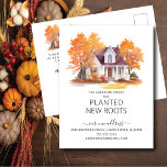 Waterverf Herfsthuis Verhuisaankondiging Briefkaart<br><div class="desc">Deze hartverwarmende mededeling bevat een waterverf herfstboomscène met een huis op de achtergrond. De woorden "Onze familie heeft nieuwe wortels geplant". Het is de perfecte manier om je vrienden en familie te laten weten over je aankomende verhuizing. Het is zeker een hit met iedereen die het ontvangt.</div>