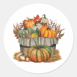 Waterverf herfstpompoen en tarweoogst ronde sticker