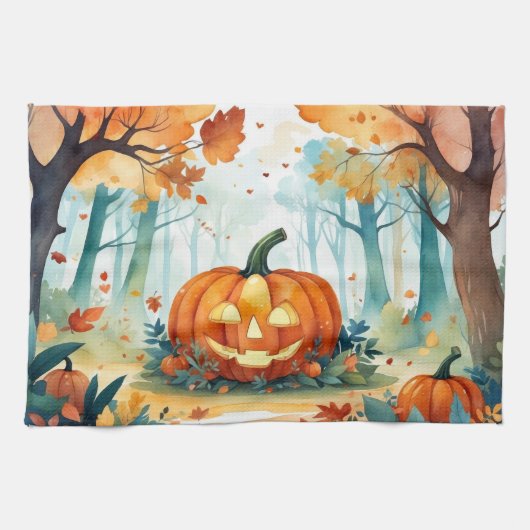 Waterverf herfstpompoenen vallen uit bos theedoek (Horizontaal)