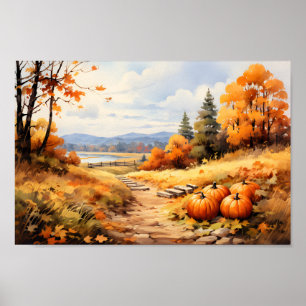 Waterverf Herfstweg Pompoen vallende bladeren Poster