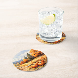 Waterverf Herfstweg Pompoen vallende bladeren Ronde Kartonnen Onderzetter