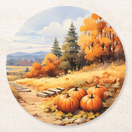 Waterverf Herfstweg Pompoen vallende bladeren Ronde Kartonnen Onderzetter (Voorkant)