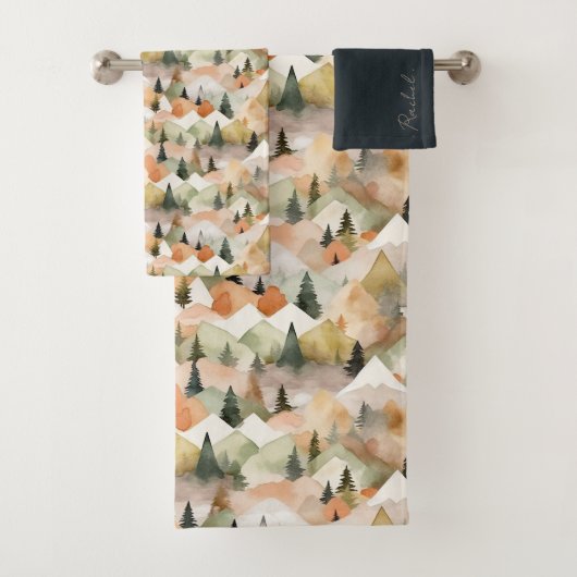 Waterverf Herhaal Bergboom Boho Monogram Bad Handdoek (Insitu)