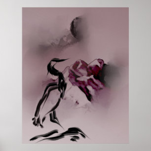 Waterverf Heron Bird Mountains Landschap Poster