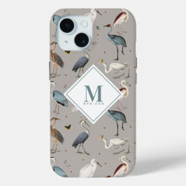Waterverf Heron Vogel Egret Natuur Monogrammed iPhone 15 Case