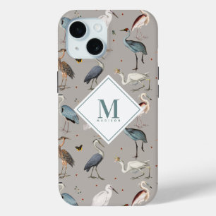 Waterverf Heron Vogel Egret Natuur Monogrammed iPhone 15 Case