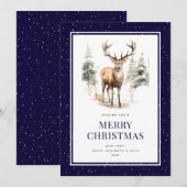 Waterverf hert blauw besneeuwd vrolijk kerstfeest feestdagenkaart (Voorkant / Achterkant)