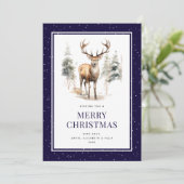 Waterverf hert blauw besneeuwd vrolijk kerstfeest feestdagenkaart (Staand voorkant)