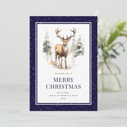 Waterverf hert blauw besneeuwd vrolijk kerstfeest feestdagenkaart (Staand voorkant)