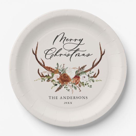 waterverf hert bloemenvrolijk kerstfeest papieren bordje (Voorkant)
