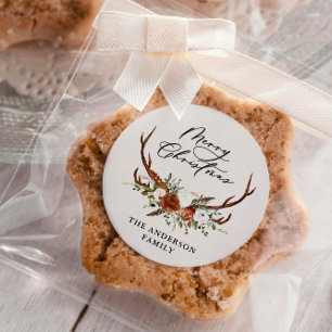 waterverf hert bloemenvrolijk kerstfeest ronde sticker