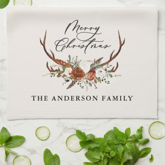 waterverf hert bloemenvrolijk kerstfeest theedoek (Gevouwen)