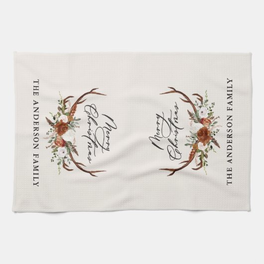 waterverf hert bloemenvrolijk kerstfeest theedoek (Horizontaal)