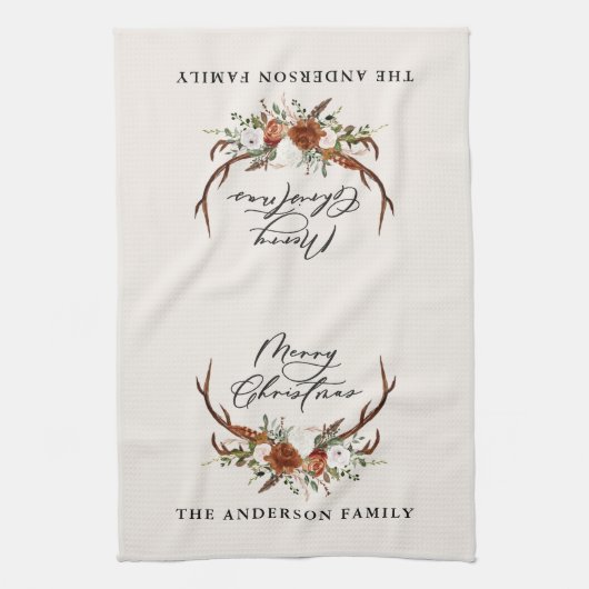 waterverf hert bloemenvrolijk kerstfeest theedoek (Verticaal)
