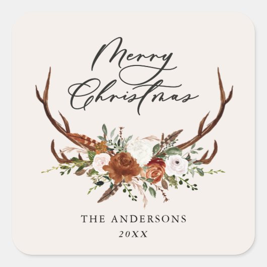 waterverf hert bloemenvrolijk kerstfeest vierkante sticker (Voorkant)