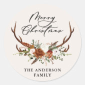 waterverf hert bloemige vrolijk kerstfeest ronde sticker (Voorkant)