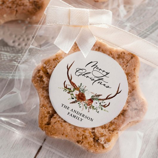 waterverf hert bloemrijke vrolijk kerstfeest ronde sticker