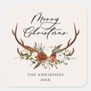 waterverf hert bloemrijke vrolijk kerstmis vierkante sticker