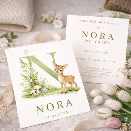 Waterverf Hert Monogram N Geboortekaartje Kaart