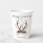Waterverf hert Vrolijk Kerstfeest Botanisch Papieren Bekers (Achterkant)